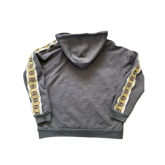 Gucci Interlock G Gray Hoodie With Tan Logo Stripe Sleeve Men’s XXL